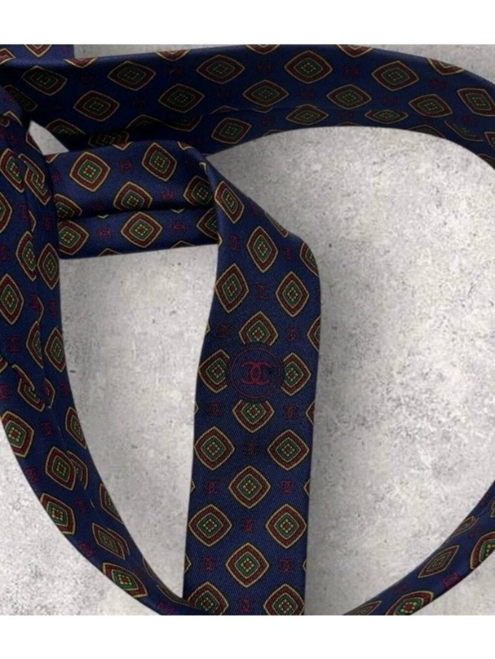CHANEL VINTAGE Silk Tie ITALY Blue Burgundy Geometric Monogram Logo W:3.2" EUC - Picture 4 of 6